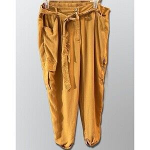 Chicos Pants Size 3 Tencel Mustard Tie Waist Cargo Pocket Rolled Ankle